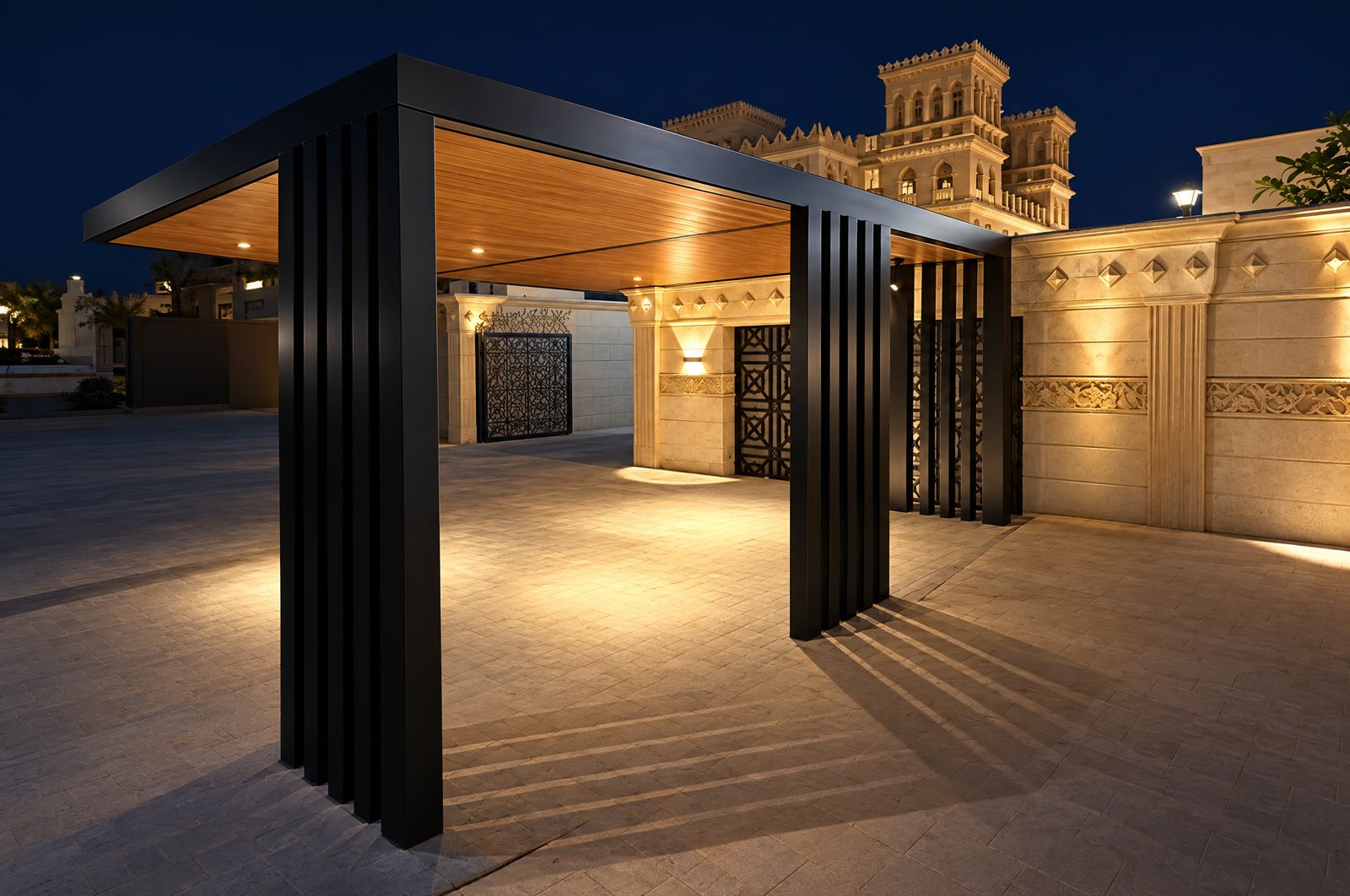 A black carport shade with a glowing wood ceiling in front of a lit villa wall at night